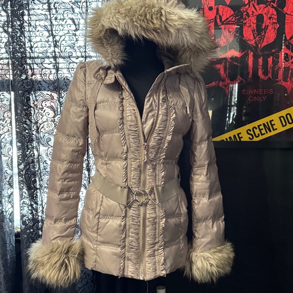 Juicy Couture Fur-Trimmed Taupe Puffer Jacket